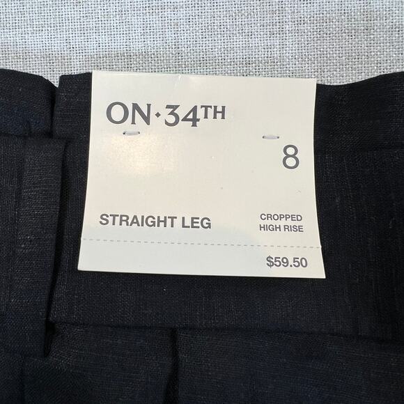 ON 34th Paperbag Pants Women's 8 Black Linen Blend Cropped High Rise NWT - Picture 4 of 10
